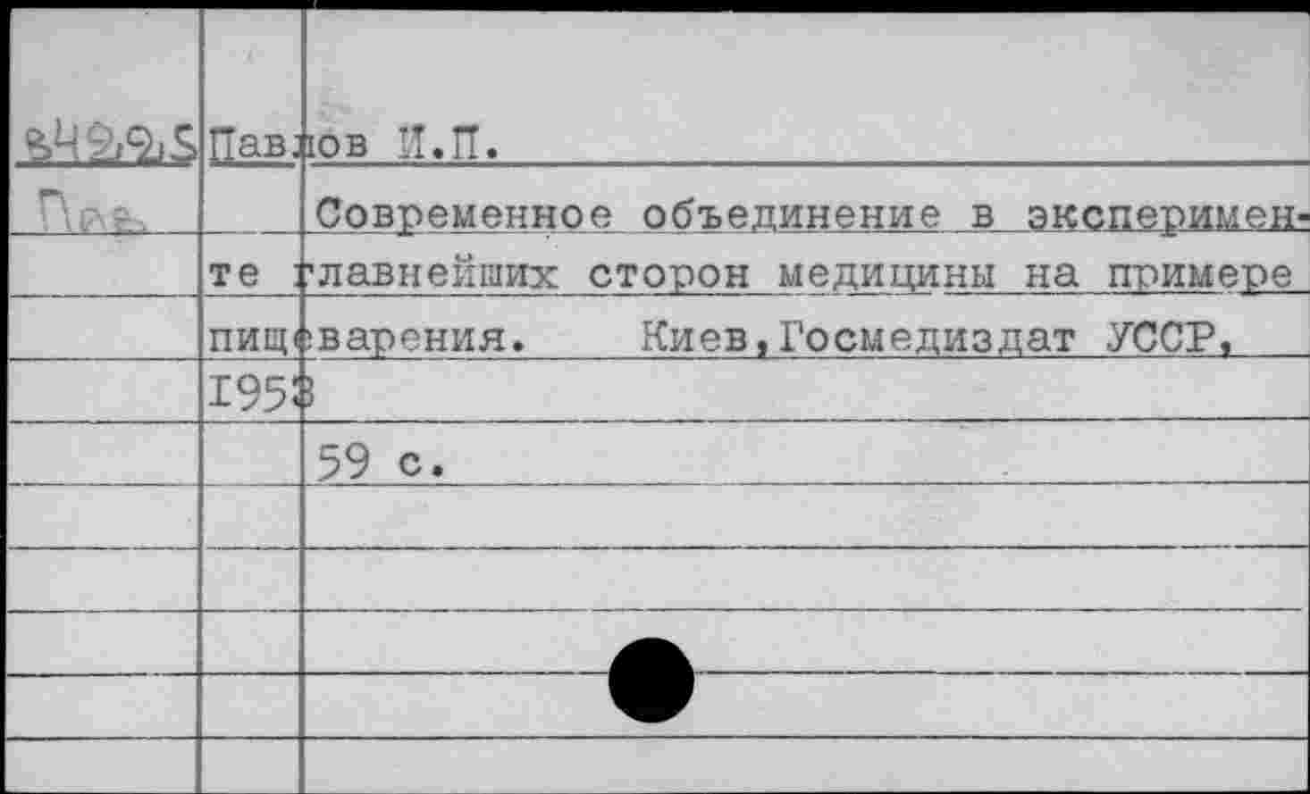 ﻿	Пав;	юв И.И.
Пс\е-,		Современное объединение в эксперимен-
	те :	’лавнейших сторон медицины на примере
	ПИЩ1	дарения.	Киев,Госмедиздат УССР,
	195!	I
		59 с.
		
		
		
		
		